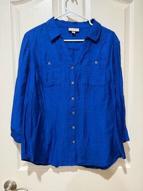 Relaxed-Collar Royal Blue Button-Up Blouse